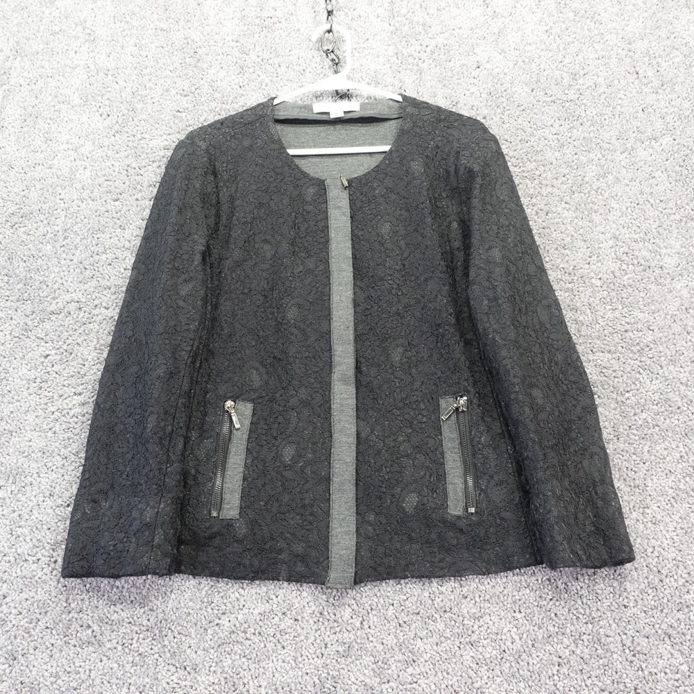 Laura Ashley Jacket Womens Large Black Lace Floral Open Front Zipper Pockets L